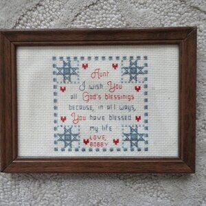 Cross Stitch Picture for Aunt Blessing Framed Vintage 5.5" x 7.75" Hearts